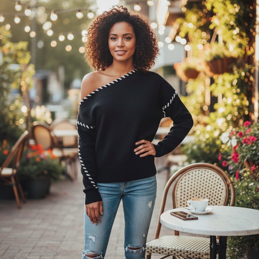 Mon Renn Dahlia Off Shoulder Jumper Black Cream Size Small NWT Chic Essentials